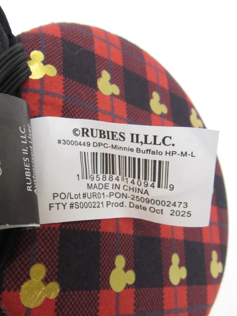 Dog Disney Rubies Pets Buffalo Plaid Minnie Ears Pooch Headpiece Size M/L